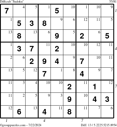 The grouppuzzles.com Difficult Sudoku puzzle for Monday July 22, 2024 with all 13 steps marked