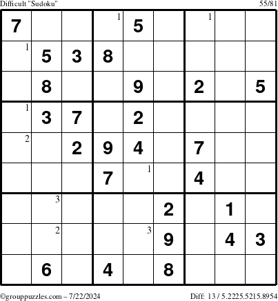 The grouppuzzles.com Difficult Sudoku puzzle for Monday July 22, 2024 with the first 3 steps marked