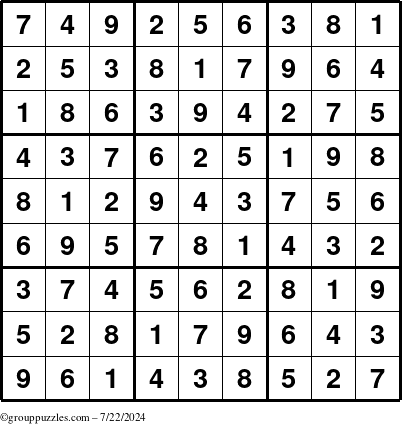 The grouppuzzles.com Answer grid for the Sudoku puzzle for Monday July 22, 2024