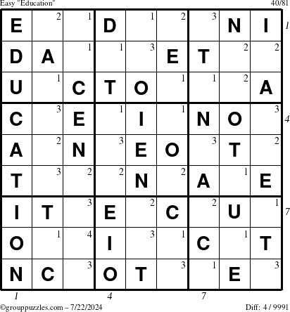 The grouppuzzles.com Easy Education-c1 puzzle for Monday July 22, 2024 with all 4 steps marked