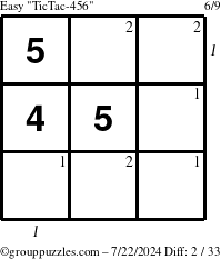 The grouppuzzles.com Easy TicTac-456 puzzle for Monday July 22, 2024, suitable for printing, with all 2 steps marked