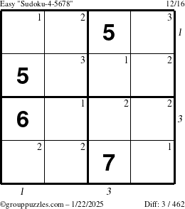 The grouppuzzles.com Easy Sudoku-4-5678 puzzle for Wednesday January 22, 2025, suitable for printing, with all 3 steps marked