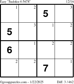 The grouppuzzles.com Easy Sudoku-4-5678 puzzle for Wednesday January 22, 2025 with the first 3 steps marked