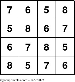 The grouppuzzles.com Answer grid for the Sudoku-4-5678 puzzle for Wednesday January 22, 2025