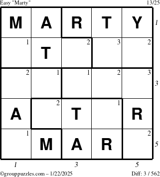 The grouppuzzles.com Easy Marty puzzle for Wednesday January 22, 2025 with all 3 steps marked