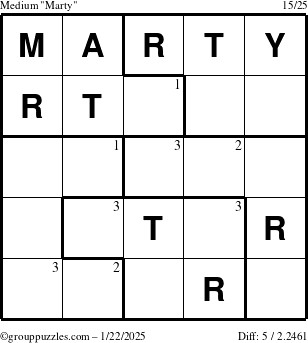 The grouppuzzles.com Medium Marty puzzle for Wednesday January 22, 2025 with the first 3 steps marked