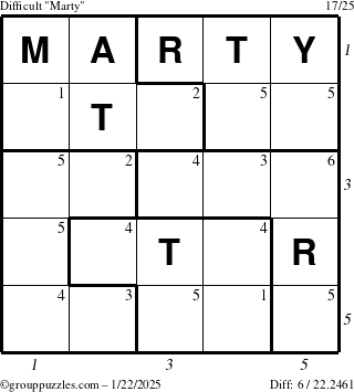 The grouppuzzles.com Difficult Marty puzzle for Wednesday January 22, 2025, suitable for printing, with all 6 steps marked