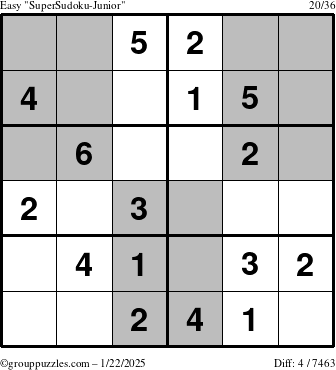 The grouppuzzles.com Easy SuperSudoku-Junior puzzle for Wednesday January 22, 2025