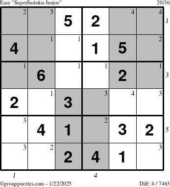 The grouppuzzles.com Easy SuperSudoku-Junior puzzle for Wednesday January 22, 2025 with all 4 steps marked