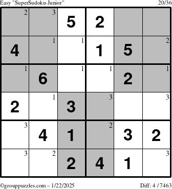 The grouppuzzles.com Easy SuperSudoku-Junior puzzle for Wednesday January 22, 2025 with the first 3 steps marked
