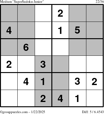 The grouppuzzles.com Medium SuperSudoku-Junior puzzle for Wednesday January 22, 2025