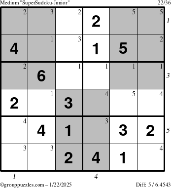 The grouppuzzles.com Medium SuperSudoku-Junior puzzle for Wednesday January 22, 2025 with all 5 steps marked