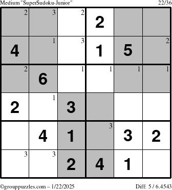 The grouppuzzles.com Medium SuperSudoku-Junior puzzle for Wednesday January 22, 2025 with the first 3 steps marked