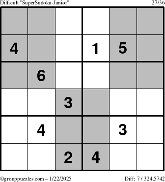 The grouppuzzles.com Difficult SuperSudoku-Junior puzzle for Wednesday January 22, 2025