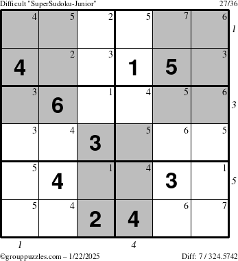 The grouppuzzles.com Difficult SuperSudoku-Junior puzzle for Wednesday January 22, 2025 with all 7 steps marked