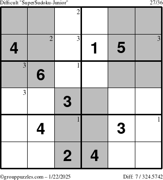 The grouppuzzles.com Difficult SuperSudoku-Junior puzzle for Wednesday January 22, 2025 with the first 3 steps marked