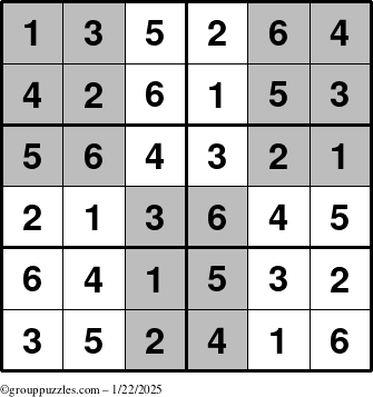 The grouppuzzles.com Answer grid for the SuperSudoku-Junior puzzle for Wednesday January 22, 2025