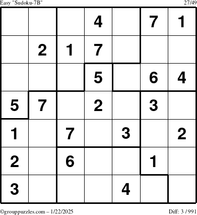 The grouppuzzles.com Easy Sudoku-7B puzzle for Wednesday January 22, 2025