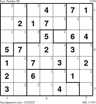 The grouppuzzles.com Easy Sudoku-7B puzzle for Wednesday January 22, 2025 with all 3 steps marked