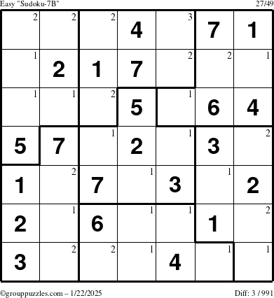 The grouppuzzles.com Easy Sudoku-7B puzzle for Wednesday January 22, 2025 with the first 3 steps marked