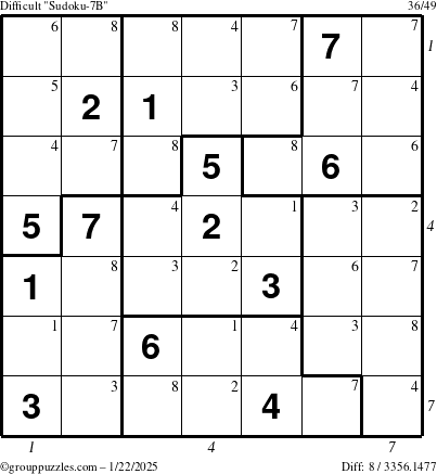 The grouppuzzles.com Difficult Sudoku-7B puzzle for Wednesday January 22, 2025 with all 8 steps marked