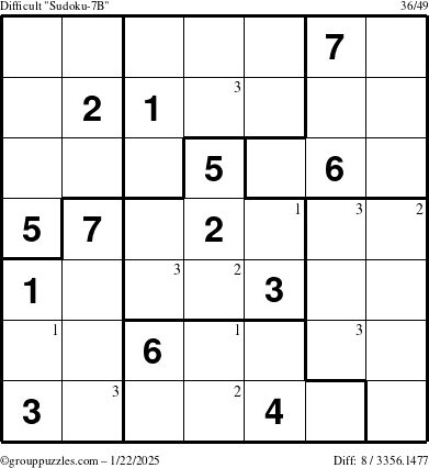 The grouppuzzles.com Difficult Sudoku-7B puzzle for Wednesday January 22, 2025 with the first 3 steps marked