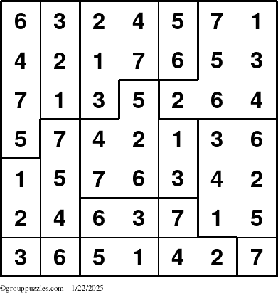 The grouppuzzles.com Answer grid for the Sudoku-7B puzzle for Wednesday January 22, 2025