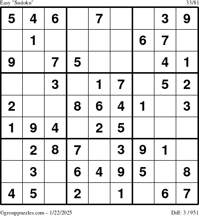 The grouppuzzles.com Easy Sudoku puzzle for Wednesday January 22, 2025