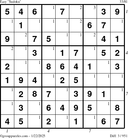 The grouppuzzles.com Easy Sudoku puzzle for Wednesday January 22, 2025 with all 3 steps marked