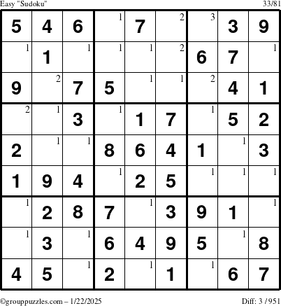 The grouppuzzles.com Easy Sudoku puzzle for Wednesday January 22, 2025 with the first 3 steps marked