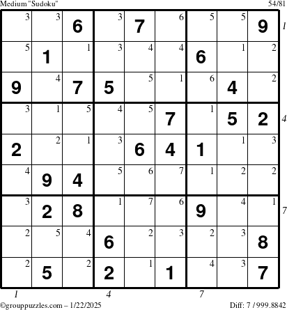 The grouppuzzles.com Medium Sudoku puzzle for Wednesday January 22, 2025 with all 7 steps marked