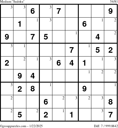 The grouppuzzles.com Medium Sudoku puzzle for Wednesday January 22, 2025 with the first 3 steps marked