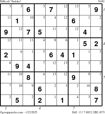 The grouppuzzles.com Difficult Sudoku puzzle for Wednesday January 22, 2025 with all 13 steps marked