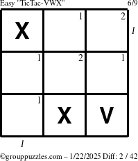 The grouppuzzles.com Easy TicTac-VWX puzzle for Wednesday January 22, 2025 with all 2 steps marked