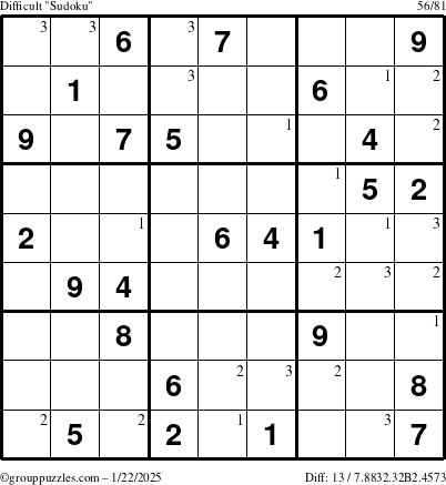 The grouppuzzles.com Difficult Sudoku puzzle for Wednesday January 22, 2025 with the first 3 steps marked