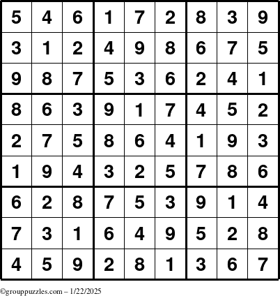 The grouppuzzles.com Answer grid for the Sudoku puzzle for Wednesday January 22, 2025