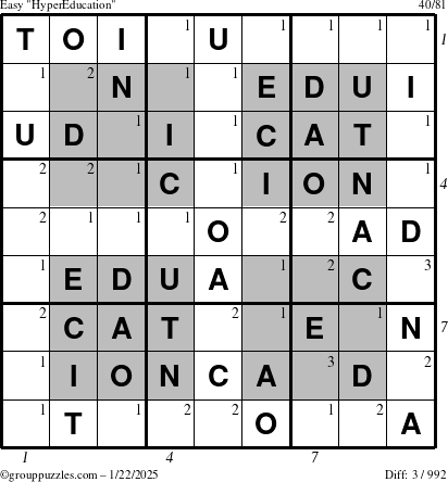 The grouppuzzles.com Easy HyperEducation-i23 puzzle for Wednesday January 22, 2025, suitable for printing, with all 3 steps marked