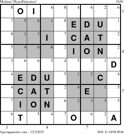 The grouppuzzles.com Medium HyperEducation-i23 puzzle for Wednesday January 22, 2025 with all 8 steps marked