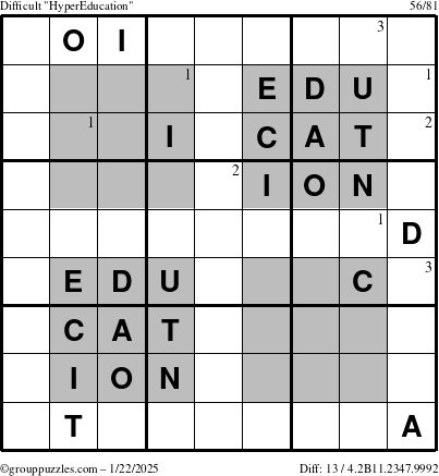 The grouppuzzles.com Difficult HyperEducation-i23 puzzle for Wednesday January 22, 2025 with the first 3 steps marked