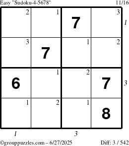 The grouppuzzles.com Easy Sudoku-4-5678 puzzle for Friday June 27, 2025 with all 3 steps marked