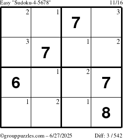 The grouppuzzles.com Easy Sudoku-4-5678 puzzle for Friday June 27, 2025 with the first 3 steps marked
