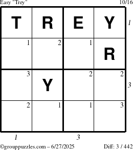 The grouppuzzles.com Easy Trey puzzle for Friday June 27, 2025 with all 3 steps marked