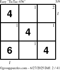 The grouppuzzles.com Easy TicTac-456 puzzle for Friday June 27, 2025 with all 2 steps marked