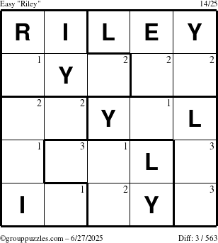 The grouppuzzles.com Easy Riley puzzle for Friday June 27, 2025 with the first 3 steps marked