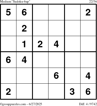 The grouppuzzles.com Medium Sudoku-6up puzzle for Friday June 27, 2025