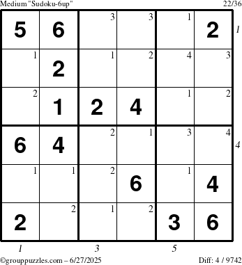 The grouppuzzles.com Medium Sudoku-6up puzzle for Friday June 27, 2025 with all 4 steps marked