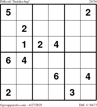 The grouppuzzles.com Difficult Sudoku-6up puzzle for Friday June 27, 2025