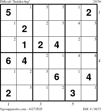 The grouppuzzles.com Difficult Sudoku-6up puzzle for Friday June 27, 2025 with all 4 steps marked