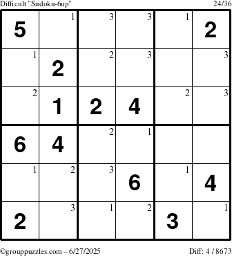 The grouppuzzles.com Difficult Sudoku-6up puzzle for Friday June 27, 2025 with the first 3 steps marked