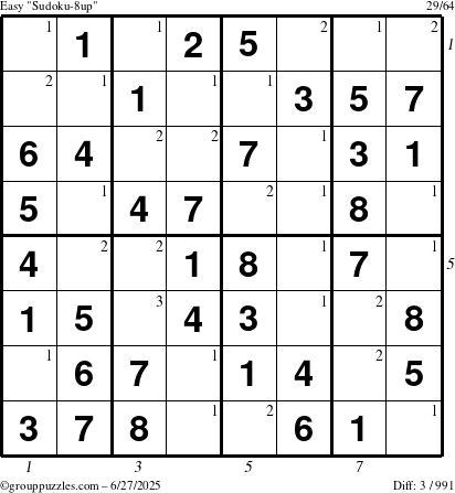 The grouppuzzles.com Easy Sudoku-8up puzzle for Friday June 27, 2025 with all 3 steps marked